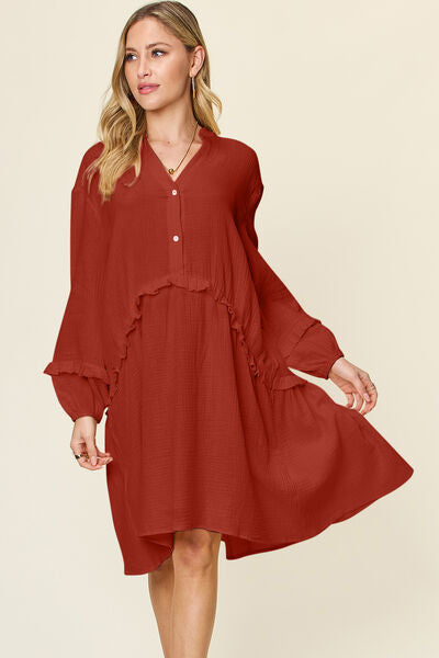 Double Take Full Size Texture Half Button Ruffle Trim Dress Dresses