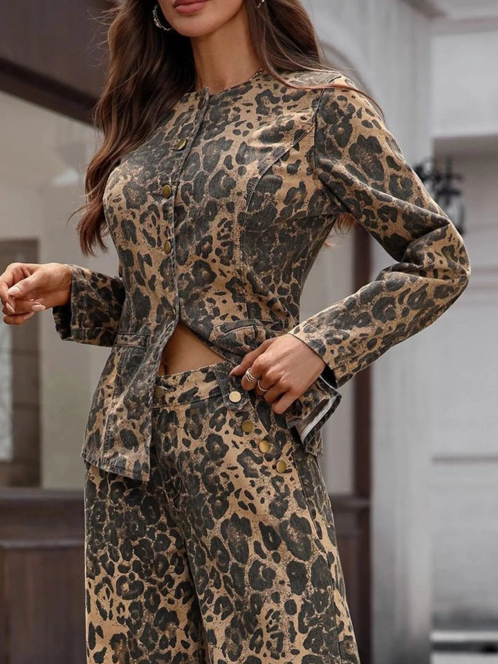 Leopard Button Up Long Sleeve Denim Shirt