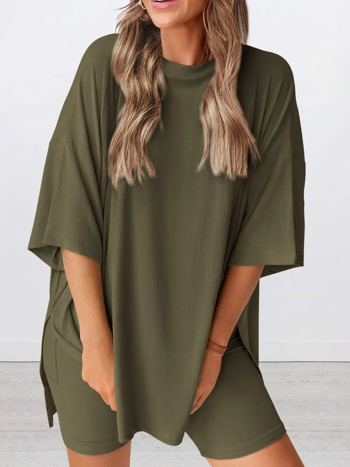 Full Size Oversized Slit Round Neck Top and Shorts Lounge Set Plus Size Lingerie & Nightwear