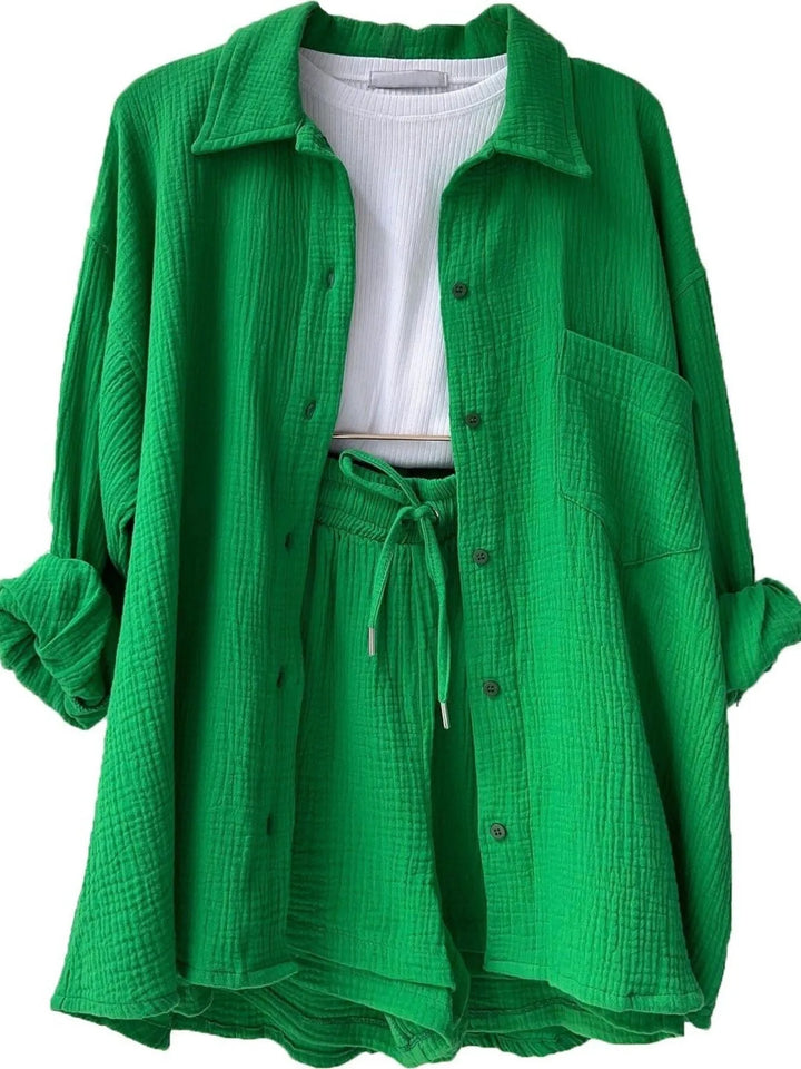 Textured Button Up Shirt and Shorts Set Two Piece Dresses