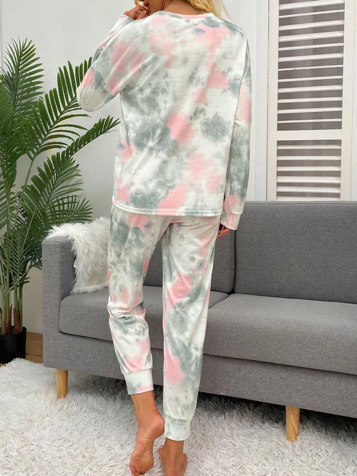 Shiny Tie-Dye Round Neck Top and Drawstring Pants Lounge Set Lingerie & Nightwear