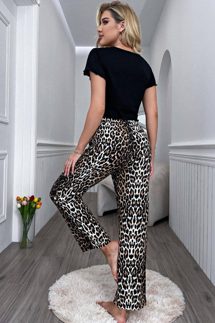 Lettuce Trim Cropped T-Shirt and Leopard Pants Lounge Set Lingerie & Nightwear