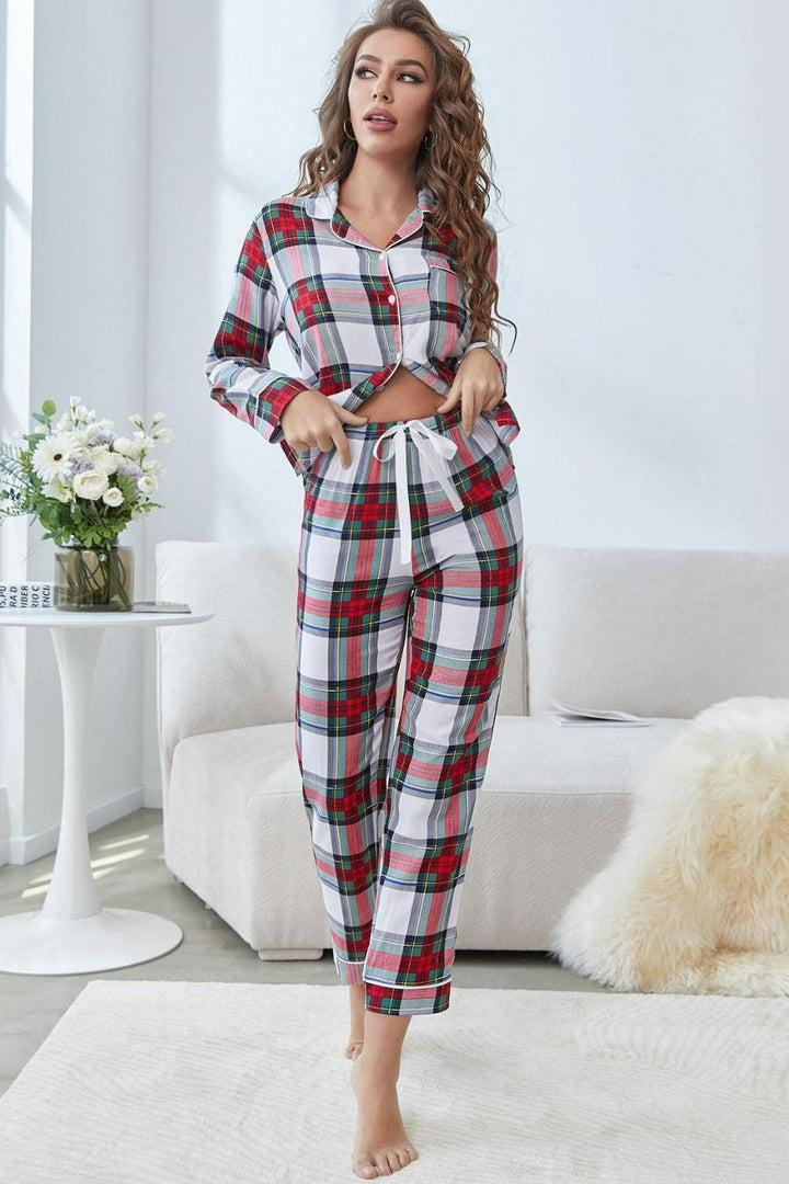 Plaid Button Front Top and Pants Lounge Set Lingerie & Nightwear
