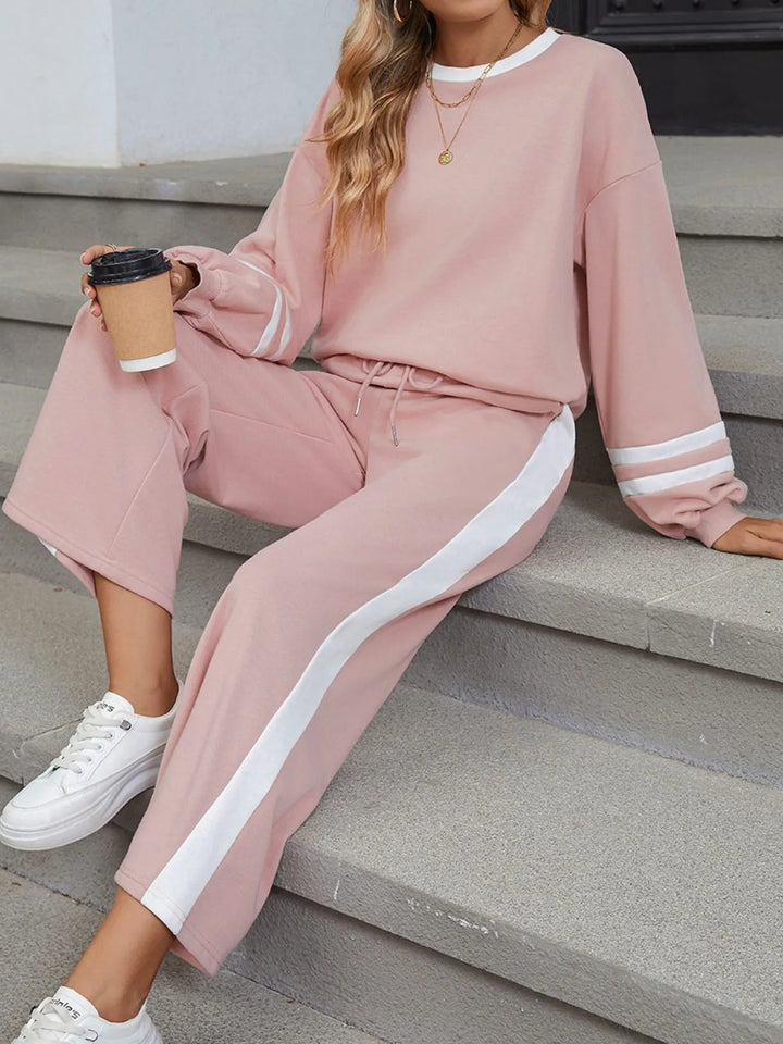 Contrast Trim Round Neck Top and Pants Set Two Piece Dresses
