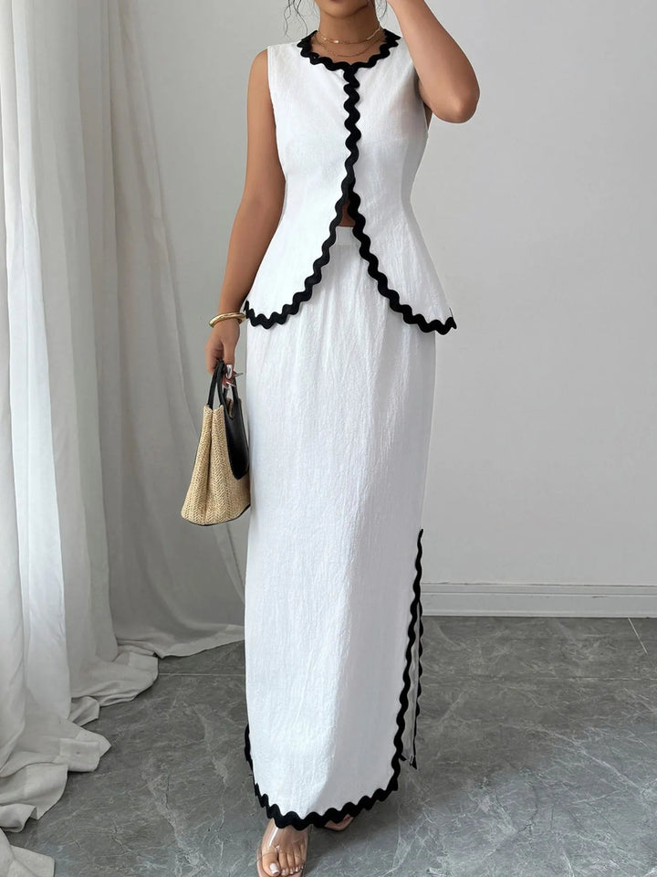 Contrast Scalloped Trim Sleeveless Top and Skirt Set Two Piece Dresses
