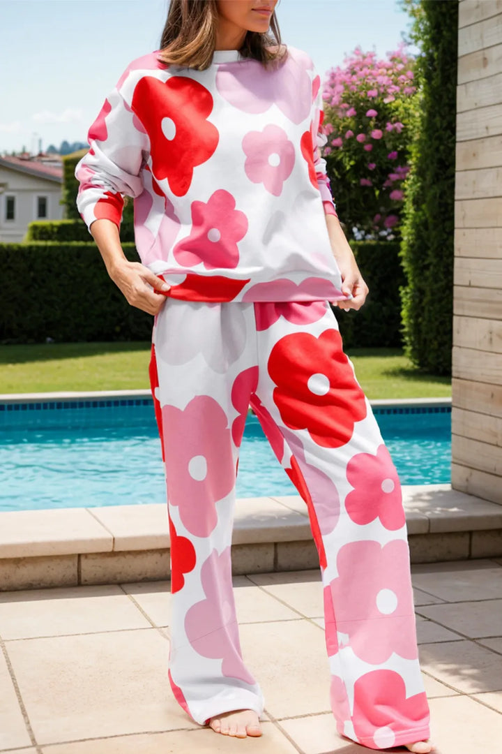 Flower Round Neck Long Sleeve Top and Pants Lounge Set Lingerie & Nightwear
