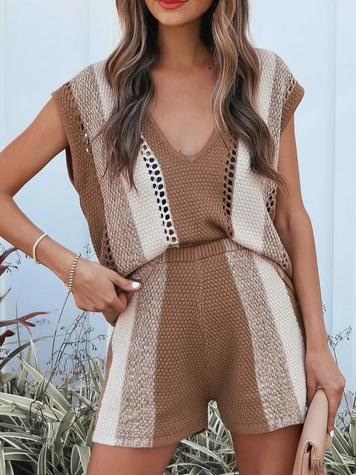 Openwork Color Block V-Neck Top and Shorts Sweater Set Two Piece Dresses