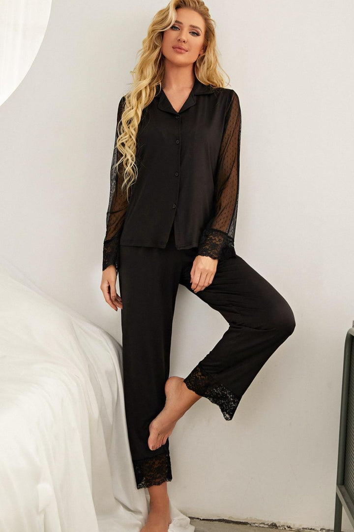 Spliced Lace Lapel Collar Pajama Set Lingerie & Nightwear
