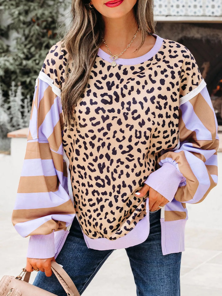 Stripe Color Block Patchwork Leopard Casual Sweatshirt with Slits