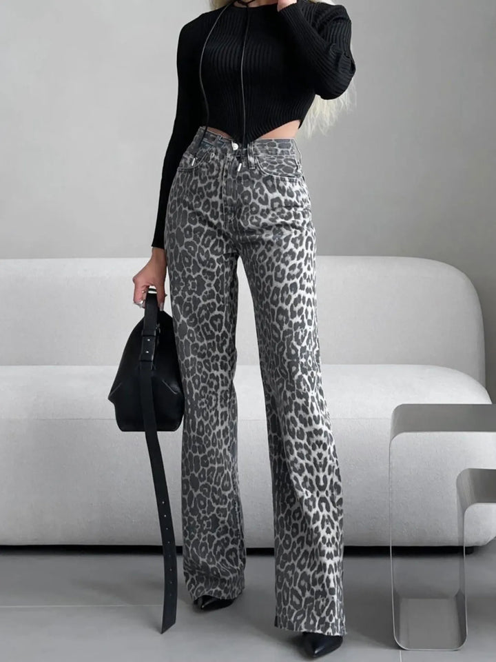 High-Waisted Leopard Print Flare Jeans