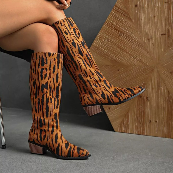 Animal Print Point Toe Block Heels Boots