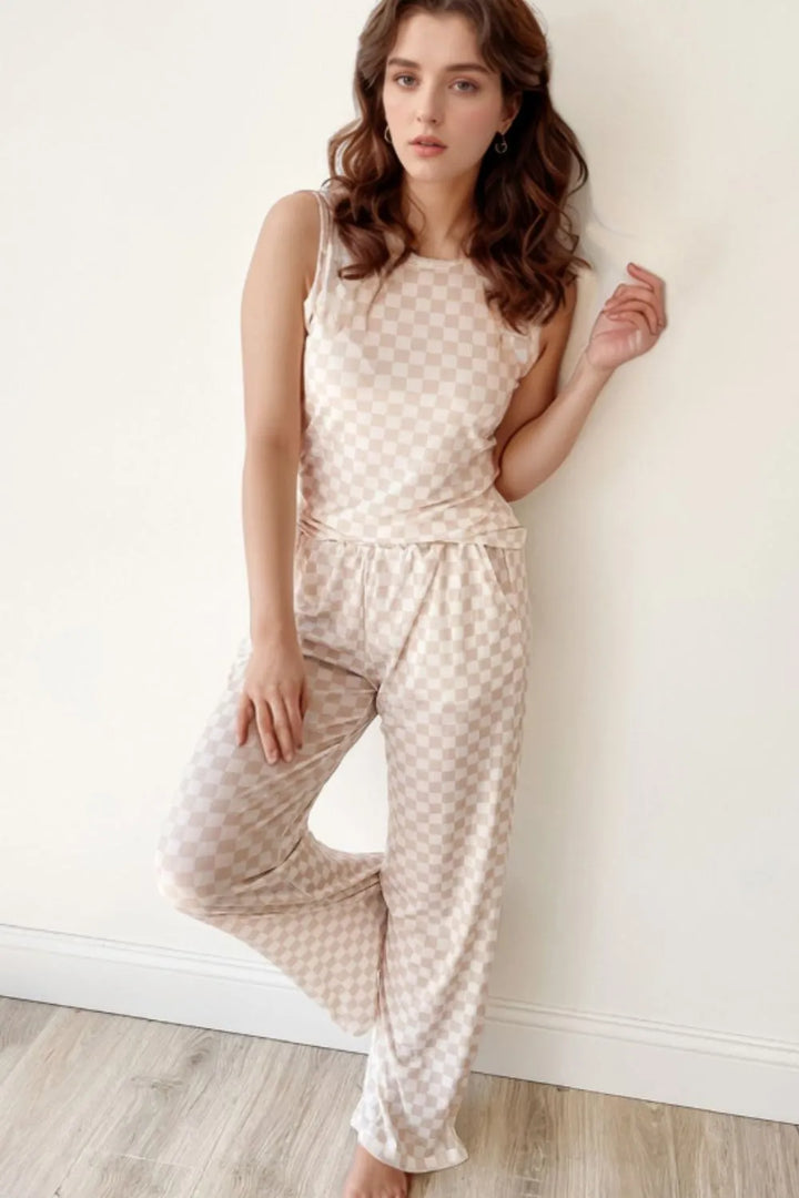 Ribbed Texture Checkered Print Tank and Pants Set Lingerie & Nightwear
