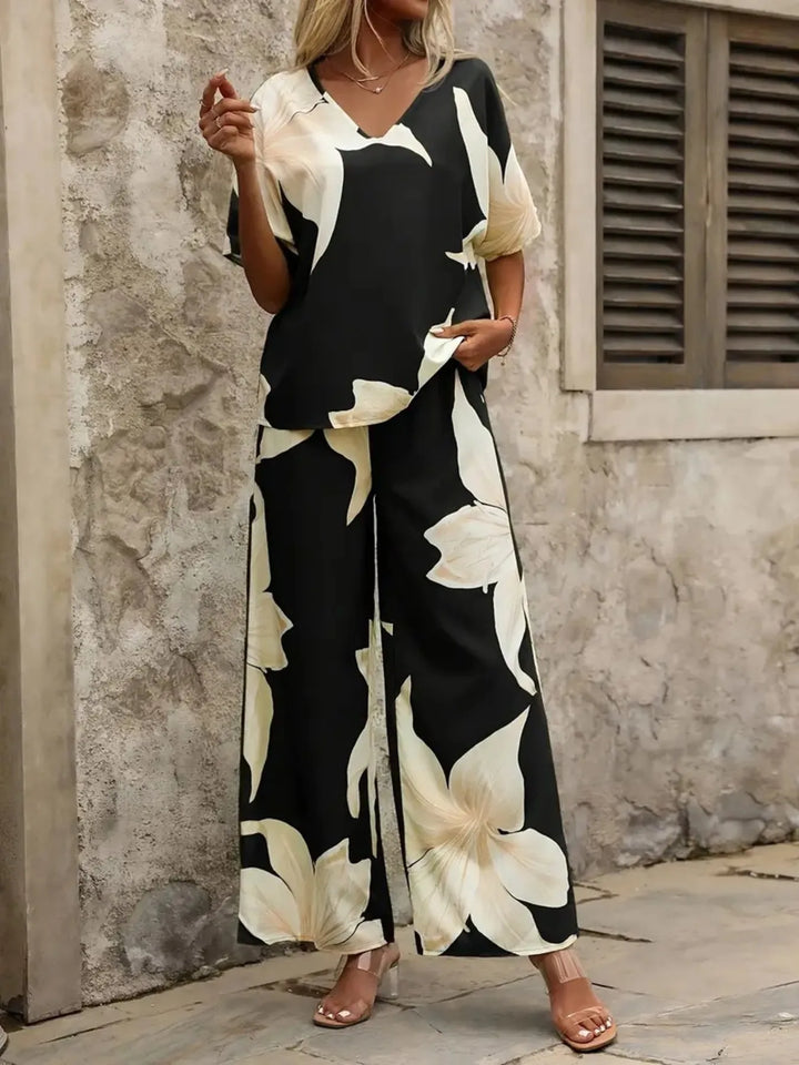 Printed V-Neck Top and Pants Set Two Piece Dresses