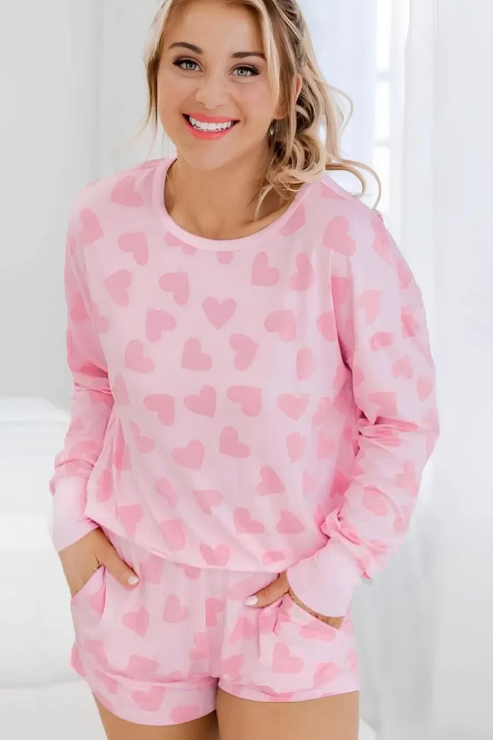 Heart Print Long Sleeve Top and Shorts Lounge Set Lingerie & Nightwear