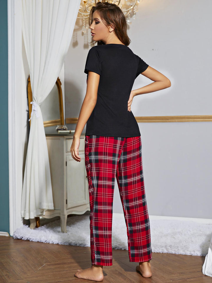 Heart Graphic V-Neck Top and Plaid Pants Lounge Set Lingerie & Nightwear