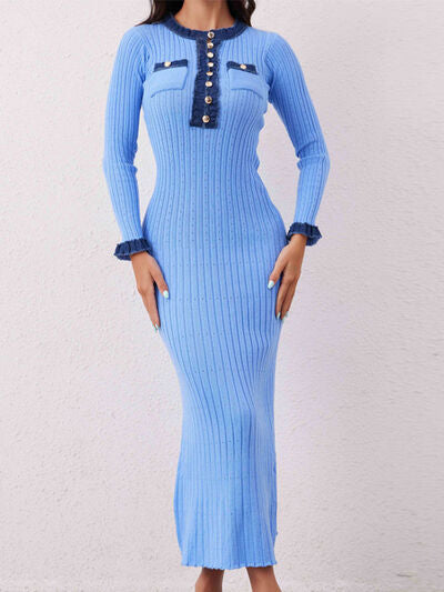Contrast Trim Round Neck Long Sleeve Sweater Dress Dresses
