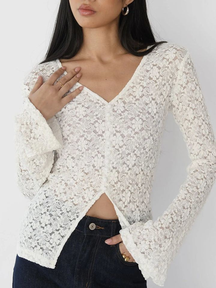 Lace V-Neck Flare Sleeve T-Shirt