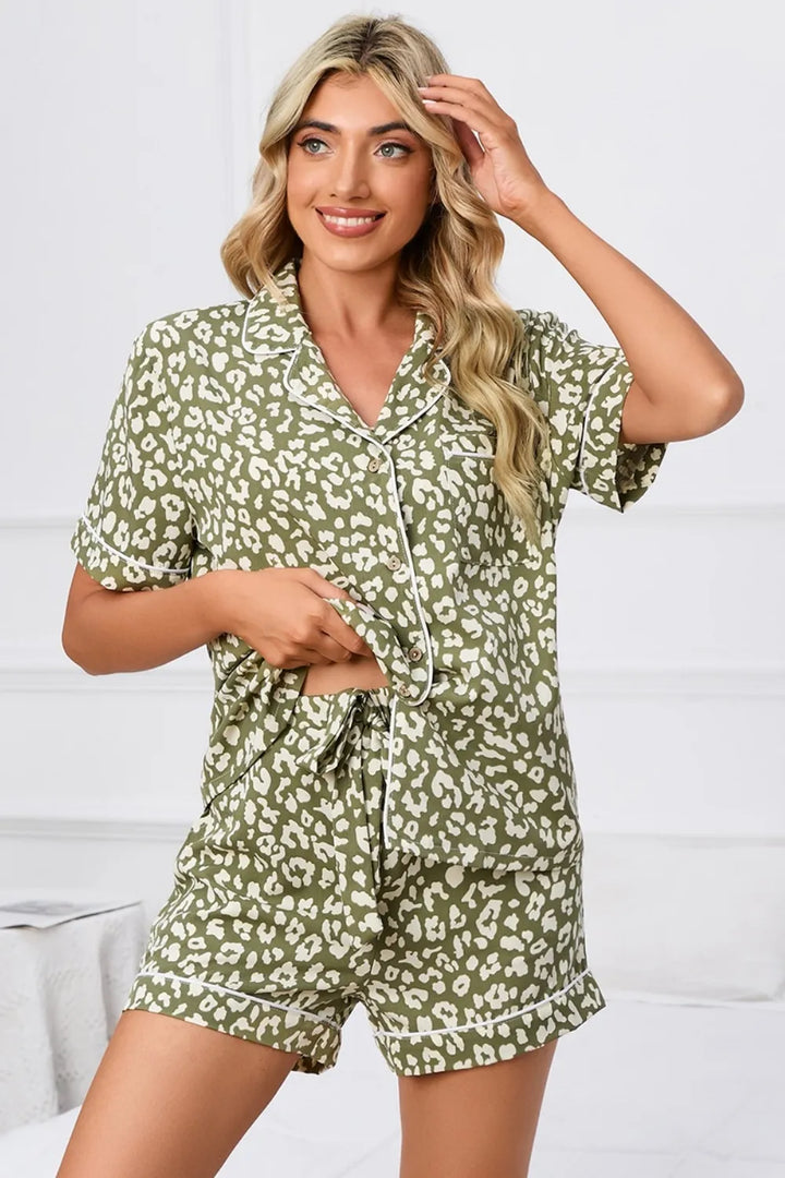 Full Size Leopard Short Sleeve Top and Shorts Lounge Set Plus Size Lingerie & Nightwear