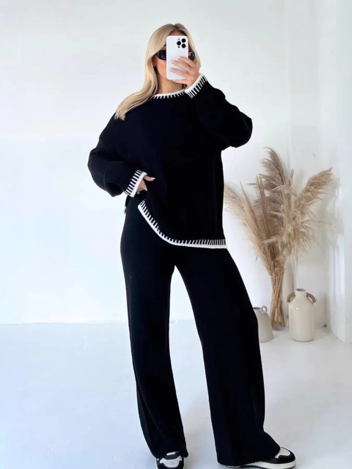 Contrast Trim Round Neck Top and Pants Sweater Set Two Piece Dresses