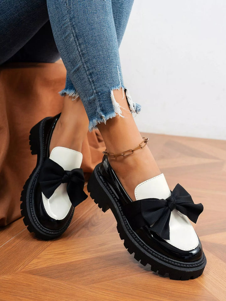 Bow Round Toe Block Heels Loafers
