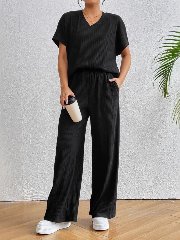 V-Neck Short Sleeve Top and Pants Set Two Piece Dresses