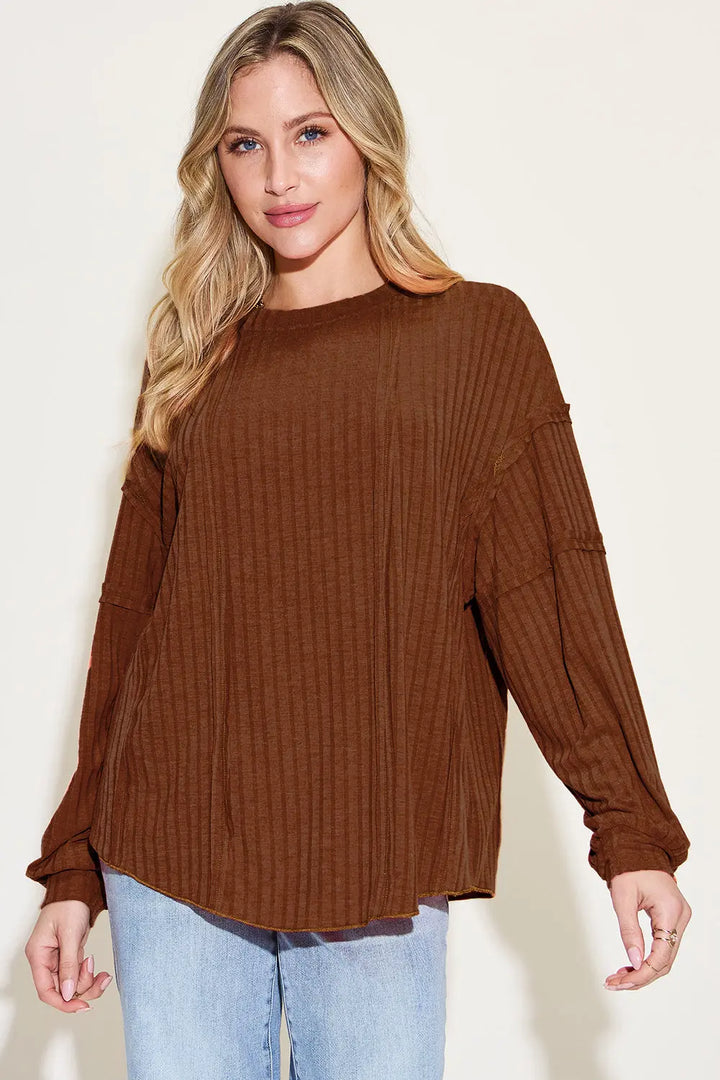 Basic Bae Full Size Ribbed Round Neck Long Sleeve T-Shirt Sweaters & Cardigans