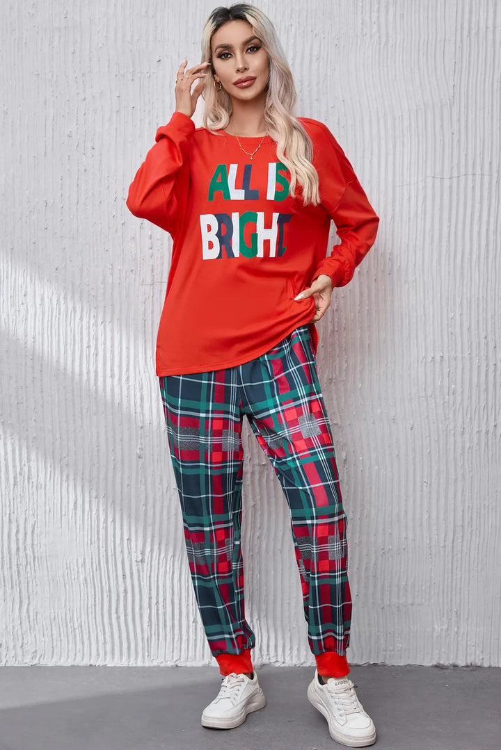 ALL IS BRIGHT Round Neck Top and Plaid Pants Lounge Set Lingerie & Nightwear