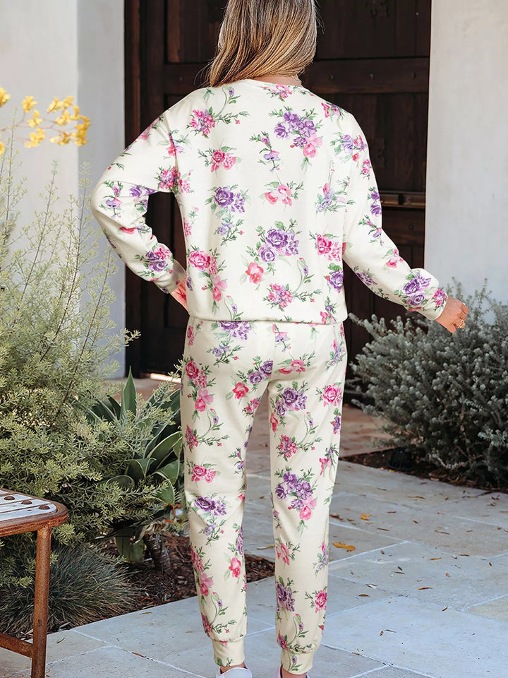 Floral Print Round Neck Top and Drawstring Pants Lounge Set Lingerie & Nightwear