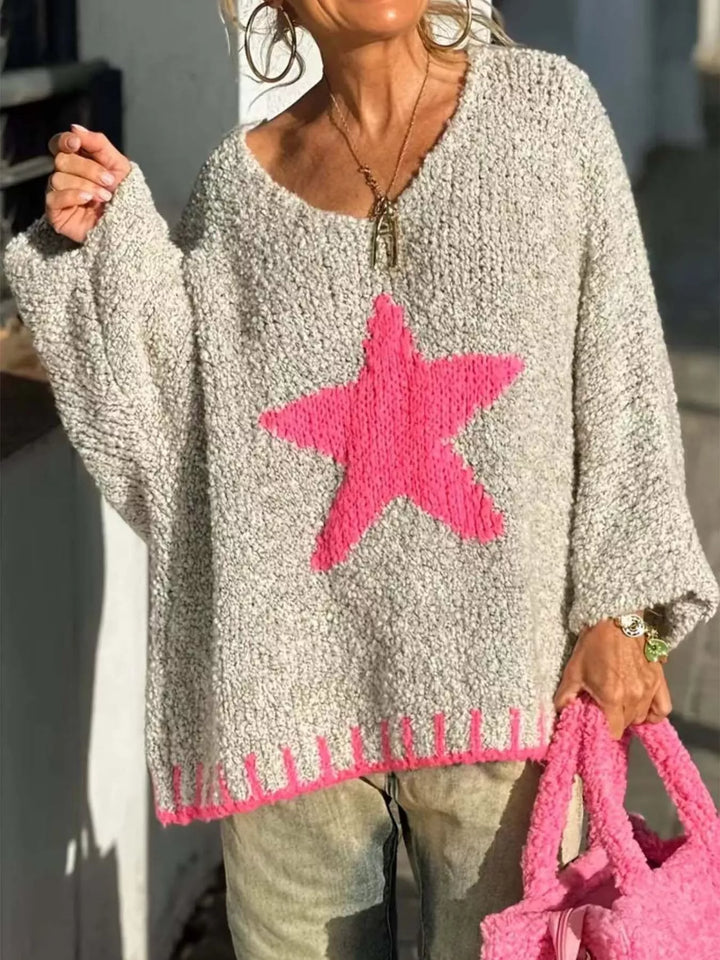 Star V-Neck Long Sleeve Sweater