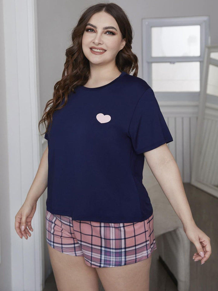 Plus Size Heart Graphic Top and Plaid Shorts Loungewear Set Lingerie & Nightwear