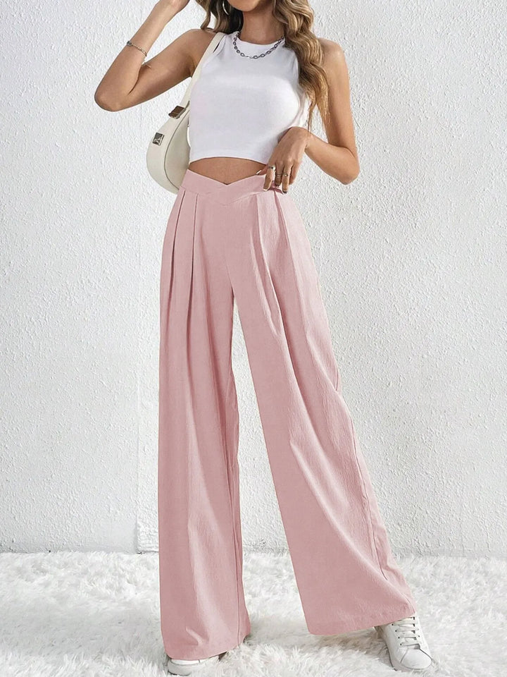 V-Waisted Ruched Front Wide Leg Pants