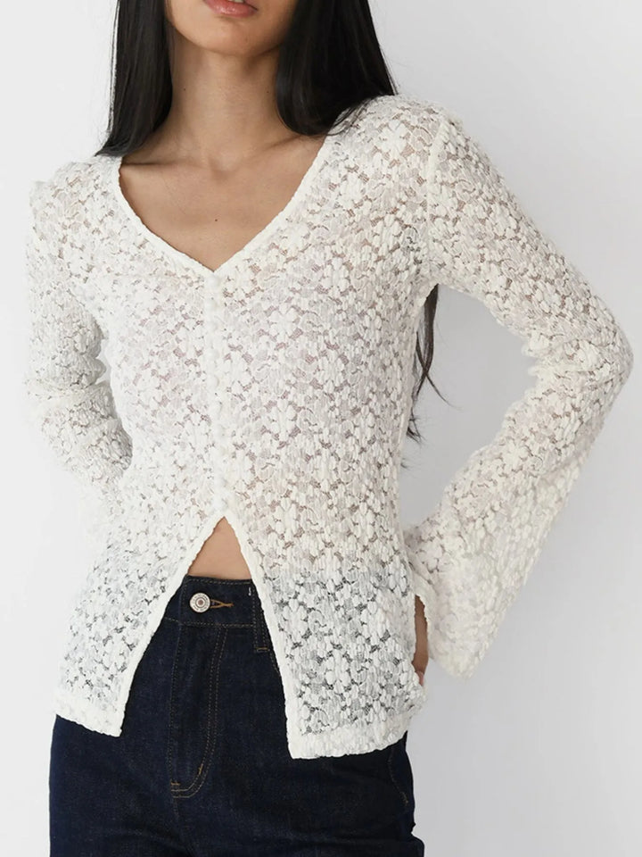 Lace V-Neck Flare Sleeve T-Shirt