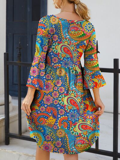 FAM-FAM Paisley Print Round Neck Three-Quarter Sleeve Dress Dresses