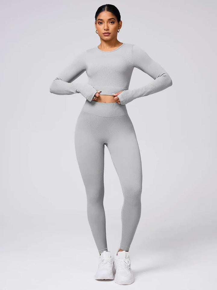 Back Crisscross Round Neck Long Sleeve Top and Leggings Active Set