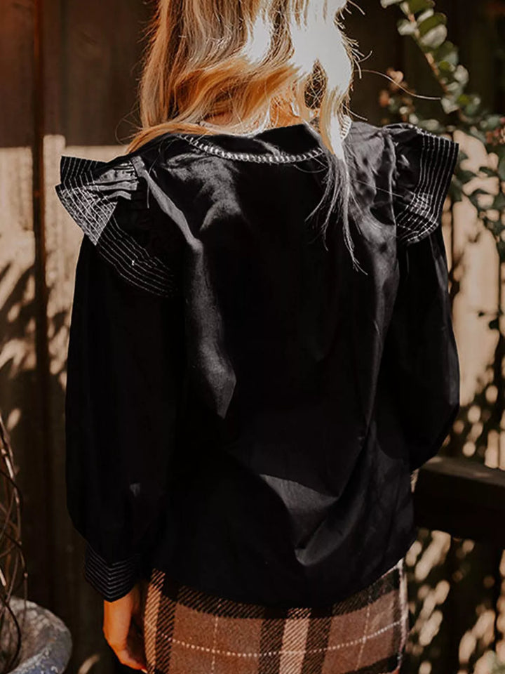 Ruffled Notched Long Sleeve Blouse