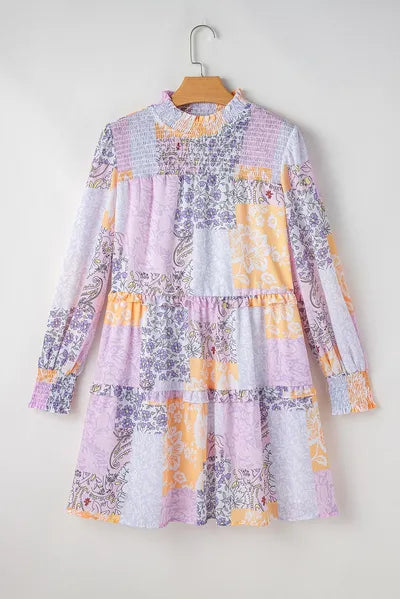 Frill Printed Mock Neck Long Sleeve Mini Dress Dresses
