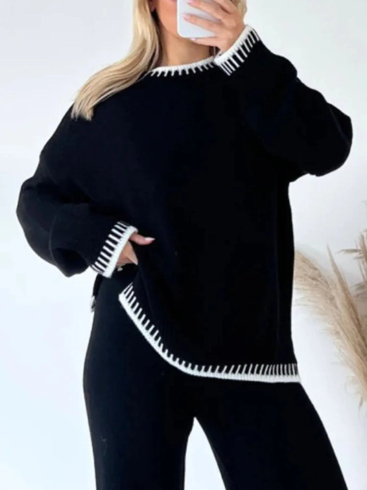 Contrast Trim Round Neck Top and Pants Sweater Set Two Piece Dresses