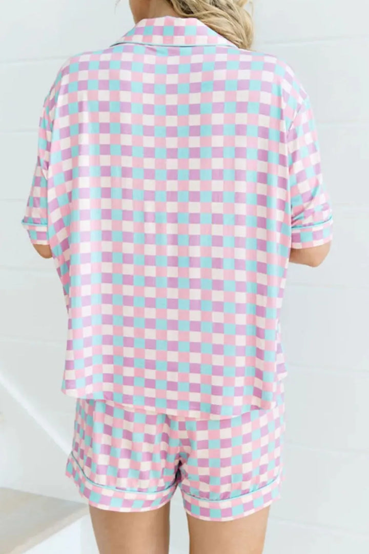 Plaid Collared Neck Short Sleeve Top and Shorts Lounge Set Lingerie & Nightwear