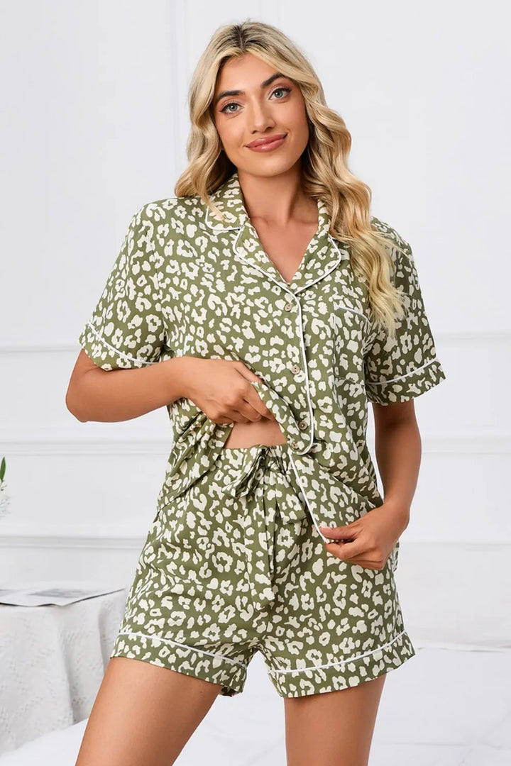 Full Size Leopard Short Sleeve Top and Shorts Lounge Set Plus Size Lingerie & Nightwear