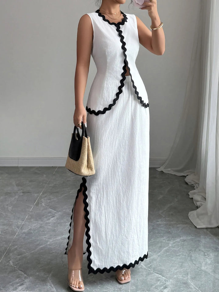 Contrast Scalloped Trim Sleeveless Top and Skirt Set Two Piece Dresses