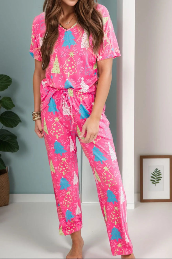 Printed V-Neck Short Sleeve Top and Pants Lounge Set Lingerie & Nightwear