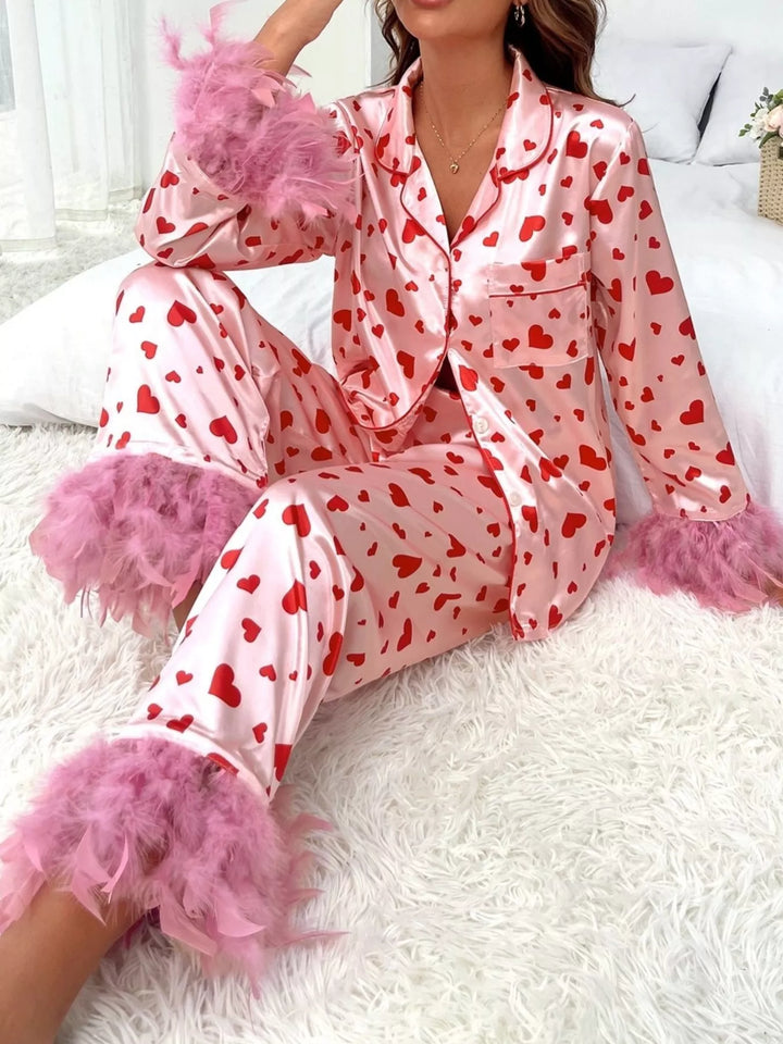 Heart Print Button Up Top and Pants Lounge Set Lingerie & Nightwear