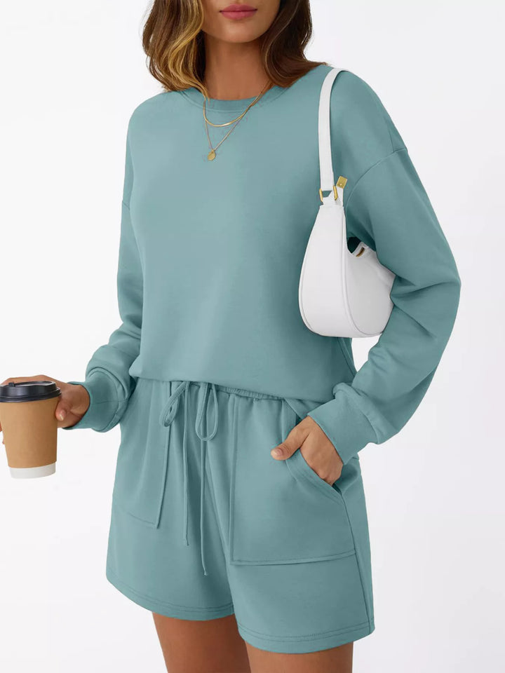 Round Neck Long Sleeve Top and Shorts Set Two Piece Dresses