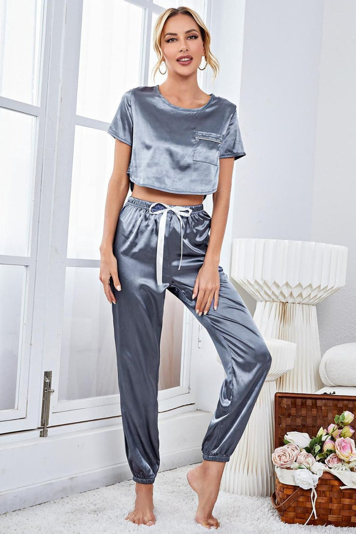 Satin Short Sleeve Crop Top and Joggers Lounge Set Lingerie & Nightwear