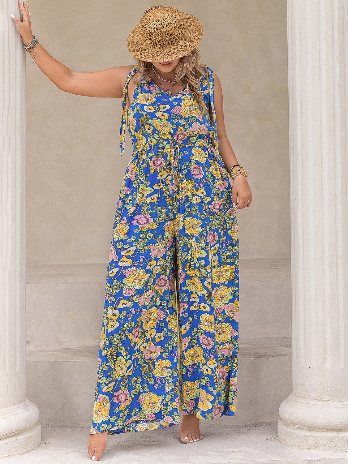 Plus Size Printed V-Neck Wide Leg Jumpsuit 