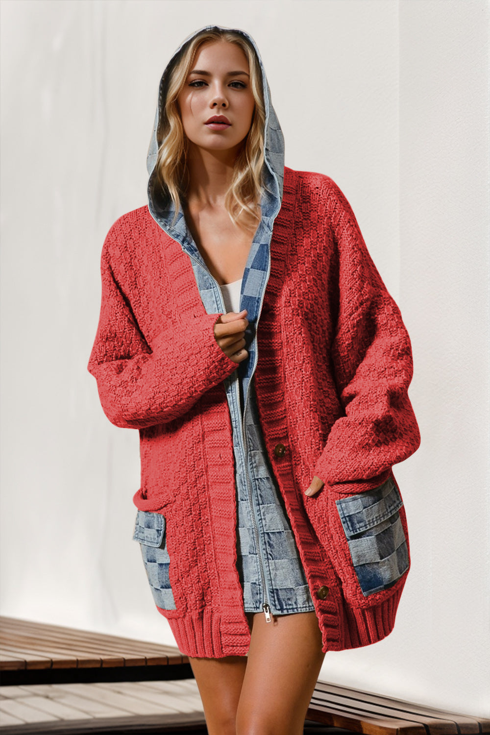 Double Take Full Size Hooded Denim Spliced Sweater Cardigan 