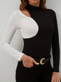 Cutout Contrast Mock Neck Long Sleeve T-Shirt 