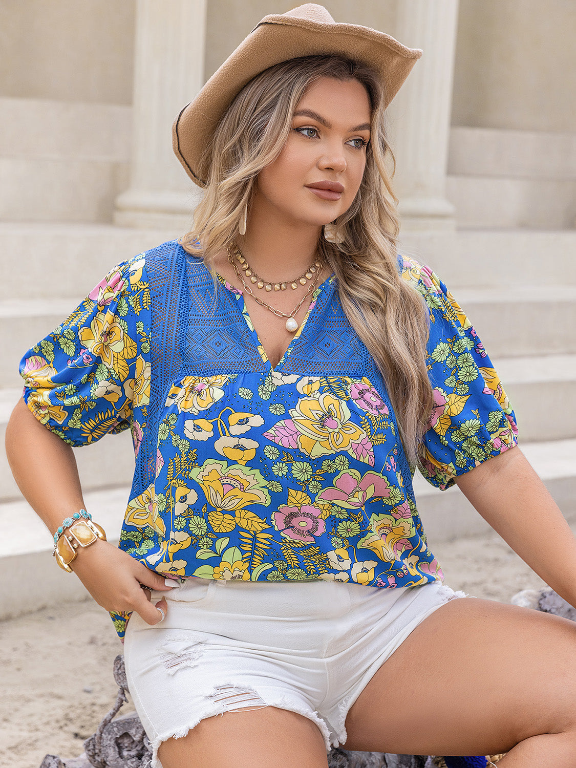 Plus Size Printed Notched Short Sleeve Blouse 