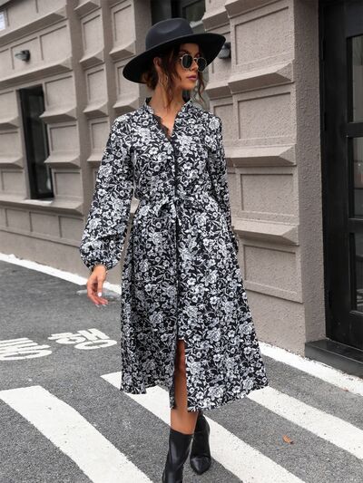Perfee Lace Detail Printed Long Sleeve Midi Dress Dresses