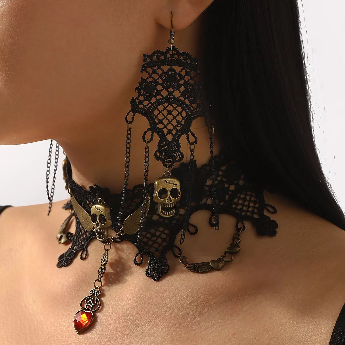 Halloween Lace Skull Necklace and Earrings Jewelry Set 